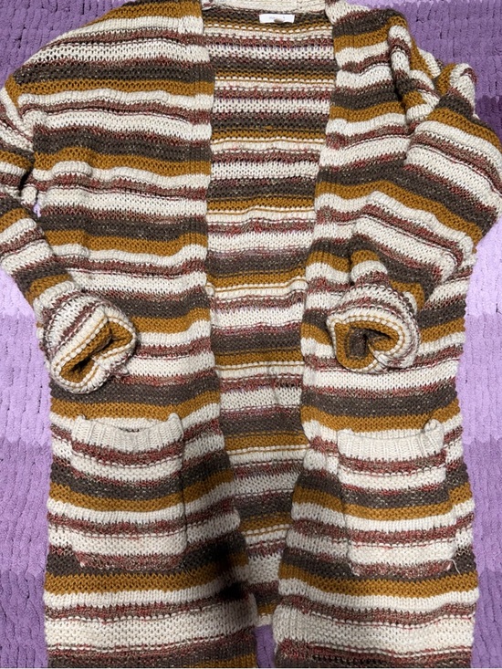 Sweaters - Striped Open Front Knit Cardigan in Cream, Mustard & Brown